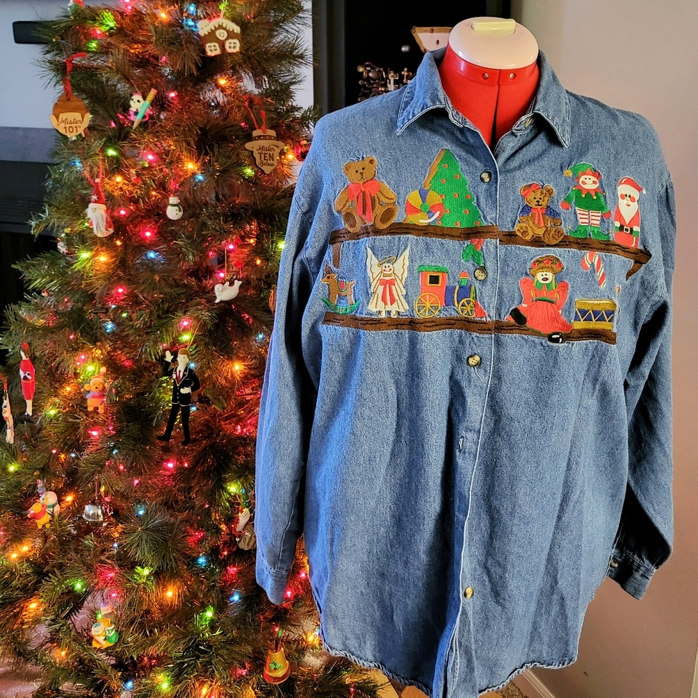 Vintage Christmas Collectibles Embroidered Denim Button Down